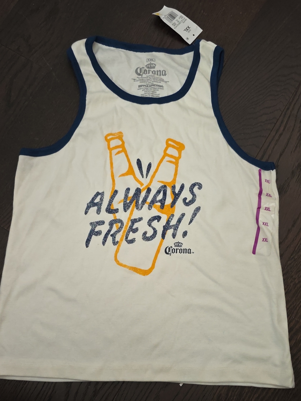 Corona White Tank with Navy Trim & Yellow Bottle Graphic